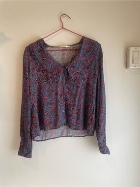 Mango Blue Floral Long-Sleeve  Blouse with Red Accents